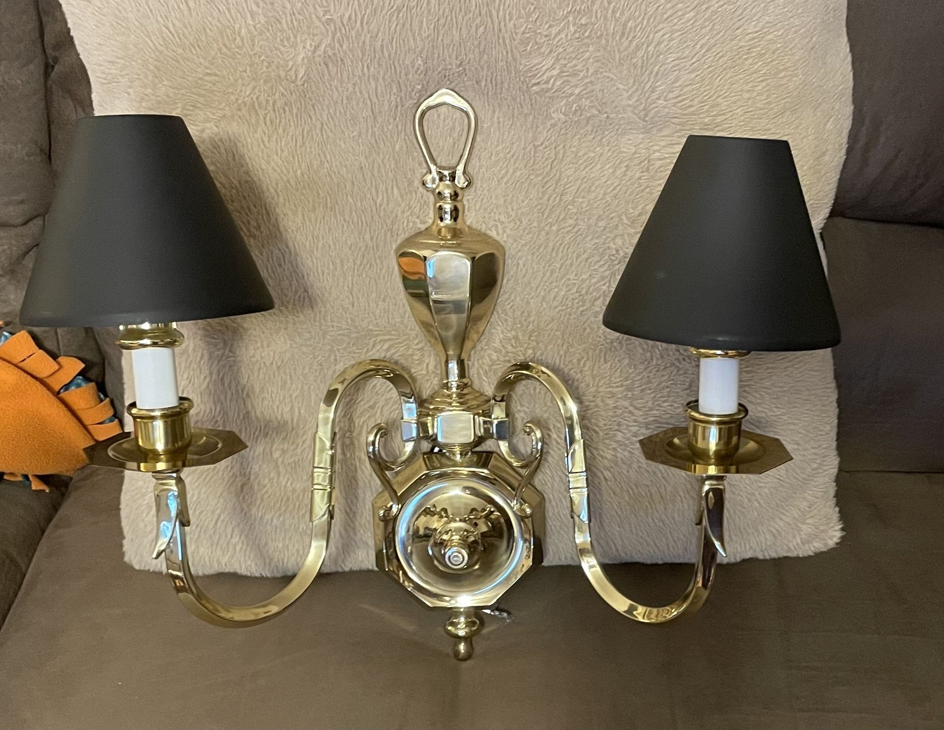 7 New Electric Solid Brass Double Arm Sconces and Matching Double Tier Brass Chandelier