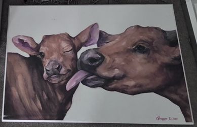Original Cow and Calf Painting Signed Art