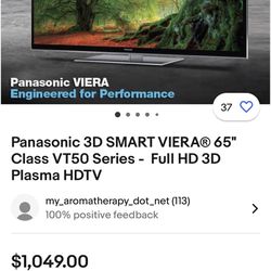 Panasonic Plasma 65 Inch TV TC-P65VT50