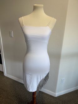 White Mini Dress with Rhinestone Fringe Hem