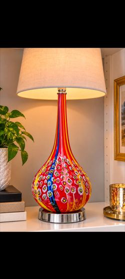 27" Blown Glass Millefiori-Style Table Lamp
Beautiful 27" tall blown/art glass table lamp with a stunning red body, colorful yellow, blue and multicol