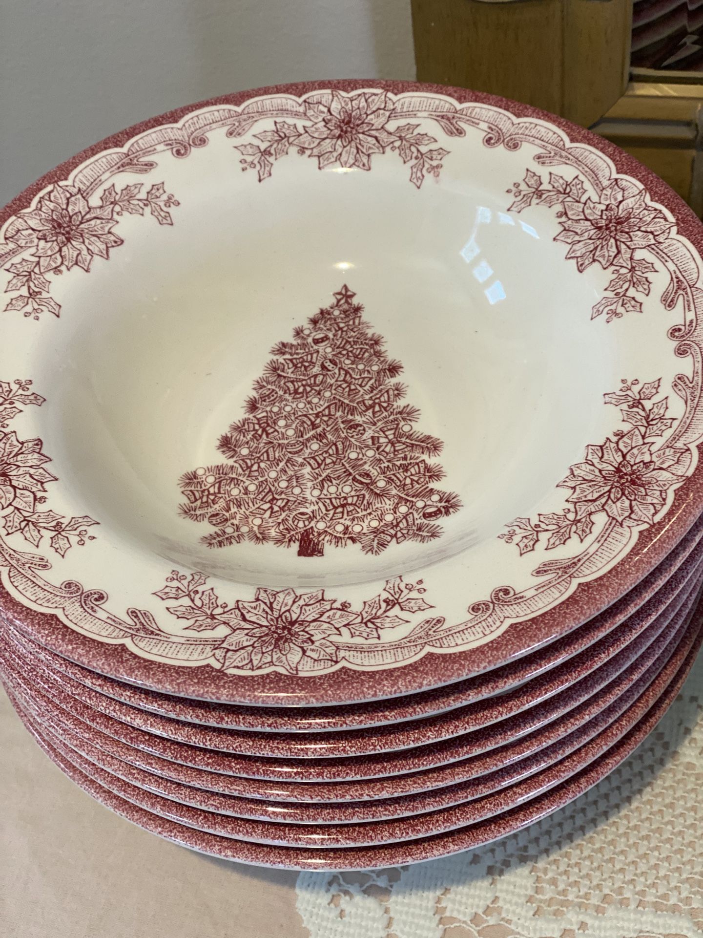Staffordshire “Yuletide Engravings” Red / Pink Christmas Tree Dishes