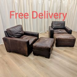Restoration Hardware RH Maxwell Leather Club Chairs With Ottomans x2