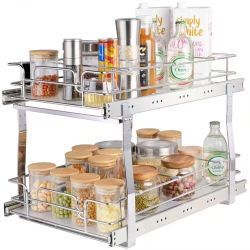 2 Tier 14"Wx21"Dx15"H Pull Out Cabinet Organizer, Heavy Duty Slide Out Pantry Shelves, Steel Roll Out Drawers, Sliding Drawer Storage for Home, 15.5"W