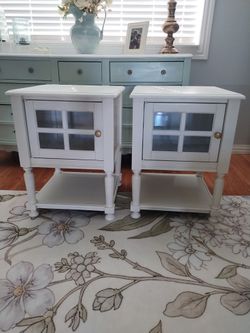Lovely pair of Modern Farmhouse Side tables/ Nightstands with glass doors. Pair