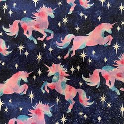 Fa-36 cotton Glittery Fabric With Purply/Pink/Aqua Unicorn