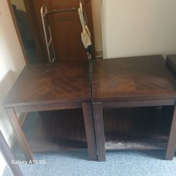 2 cherry wood side tables and a floor lamp