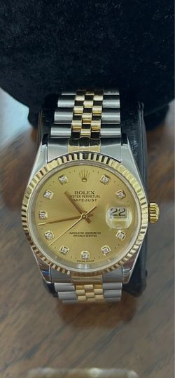 authentic two tone rolex date just with diamond champagne dial 36mm look like new super good condition watch only  pick up at my office!!