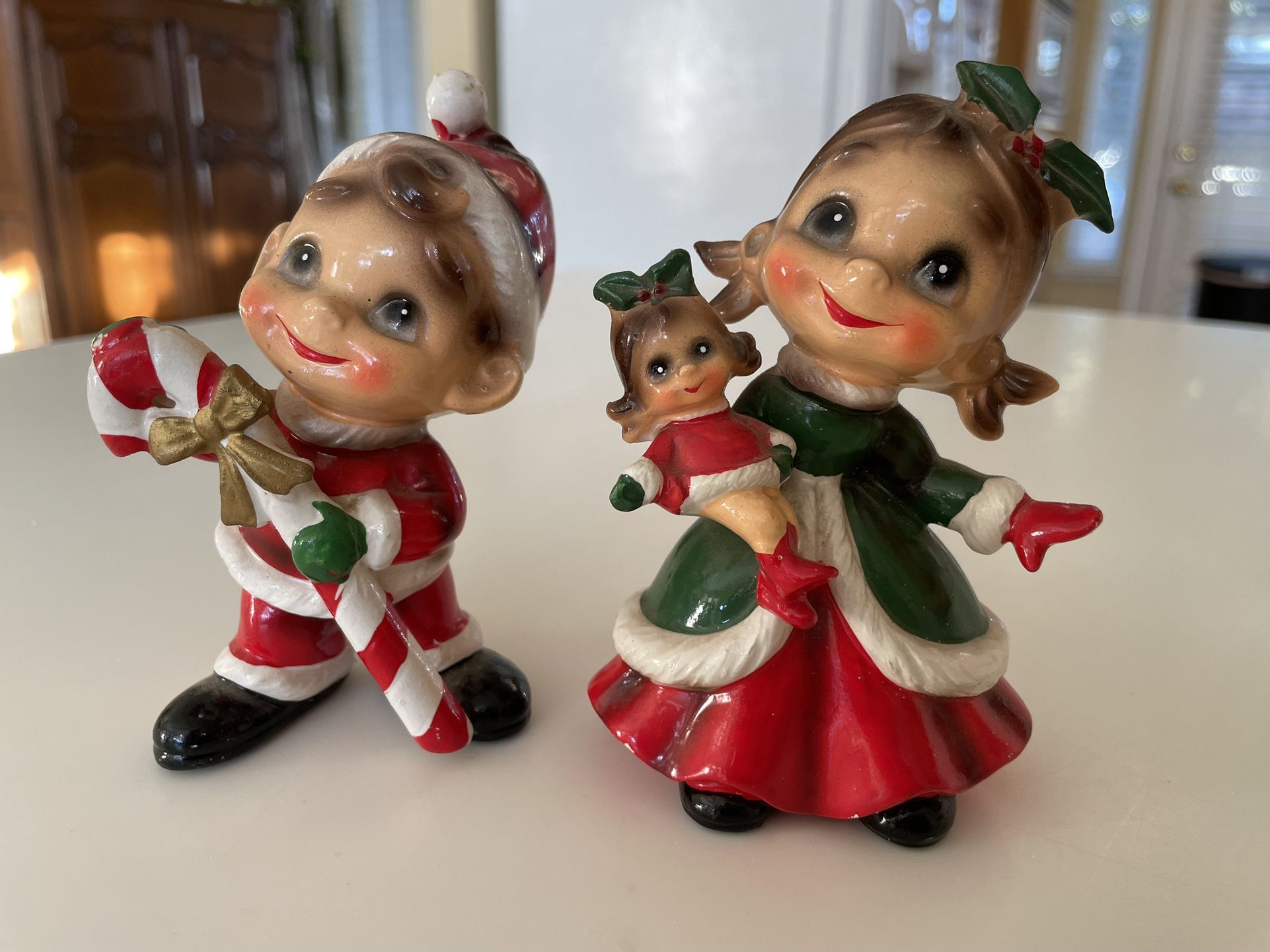 Josef Originals RARE Vintage Wee Folk Christmas Figurines Girl With Baby Doll And Boy With Candy Cane 