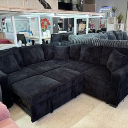 Corduroy Sectional Black Color NEW pullout Bed