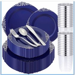 Navy Blue & Silver Plastic Plates Set – 300 Pieces
