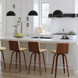 Vienna Modern Swivel 26" Counter Height Barstools Cream Faux Leather Walnut Wood Finish (3)