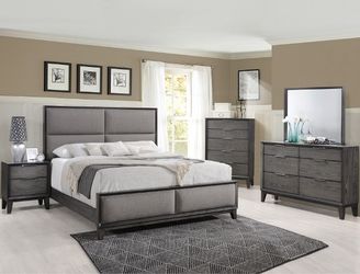 Brand new grey padded queen bedframe + dresser + mirror + nightstand