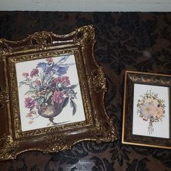 X2 VINTAGE ORNATE GOLD BRONZE ANTIQUED WOOD METAL FRAMED REAL DRIED PRESSED FLOWER LITHOGRAPH PICTURE SET