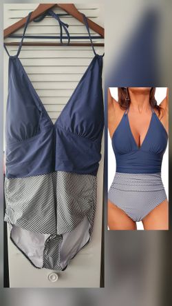 New- Holipick Tummy Control Size 20W Navy and White Striped Halter Swimsuit. $20