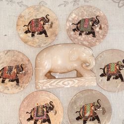 VINTAGE HAND CARVED “ GOOD LUCK ELEPHANT “ 1 Lb 10 oz Direct From INDIA with 6 HAND PAINTED ELEPHANT ALABASTER COASTERS - ALL 7 Items In ALABASTER 
