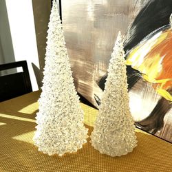 Two White Christmas ConesTrees One Large One Small 