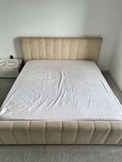 Moving: Beige Velvet Tufted Platform Bed Frame and Beauty Rest Pillow Top California King Bed