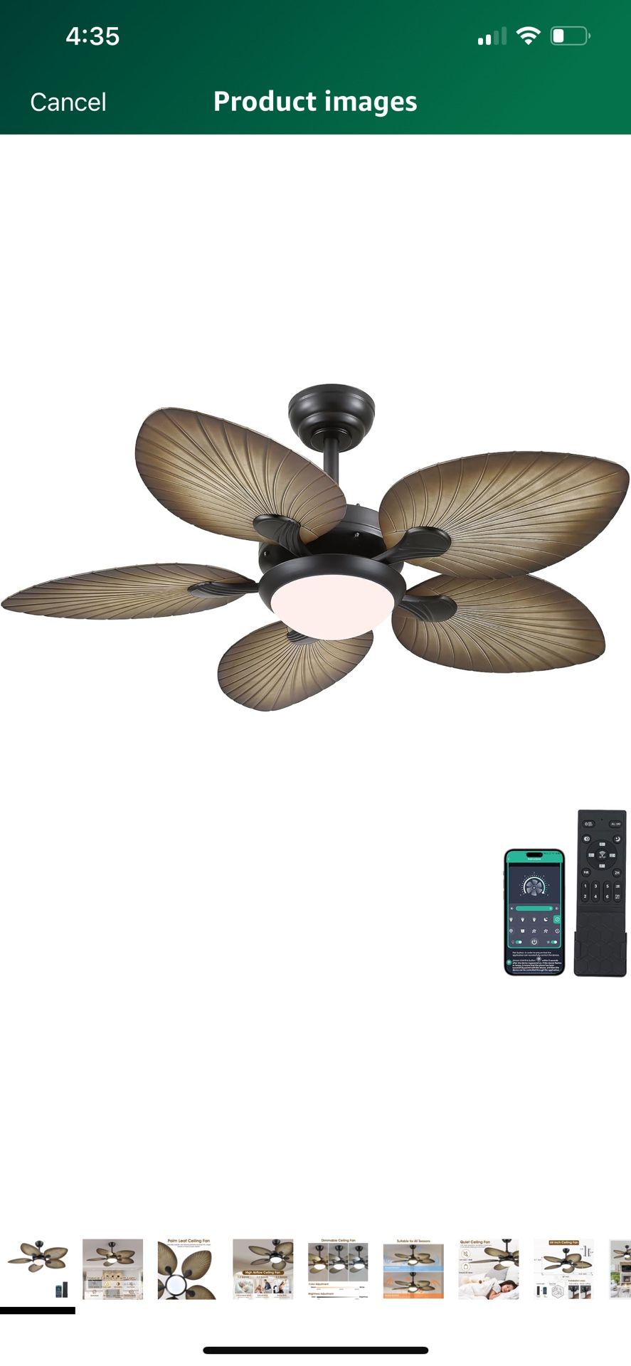 Tropical Ceiling Fans with Lights, 44 Inch Indoor Outdoor Palm Leaf Ceiling Fan for Patios Porch Bedroom, Remote/APP Control, Dimmable, 6 Speeds, Reve