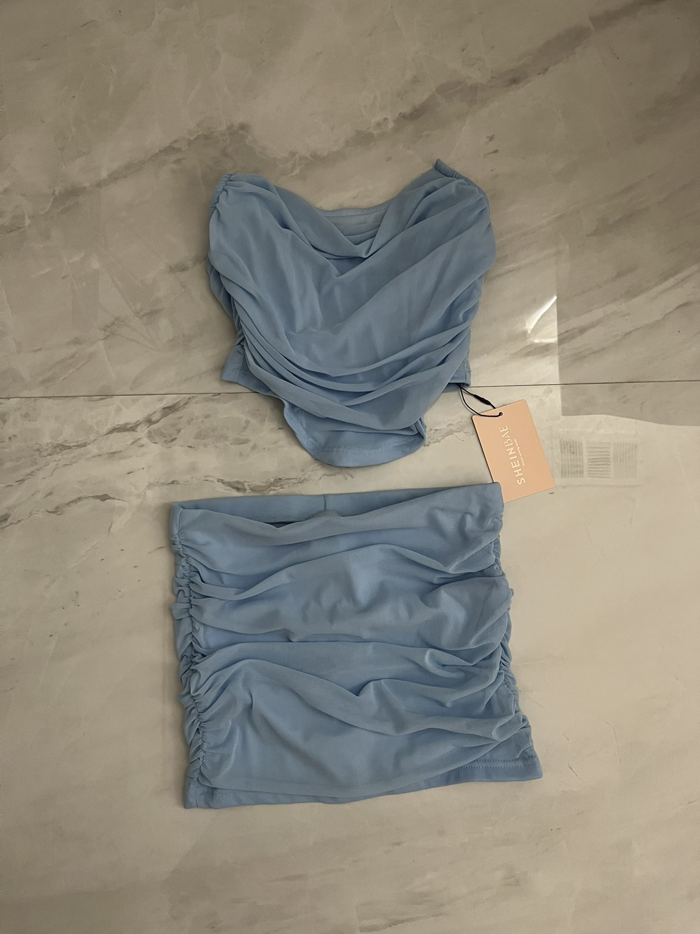 Shein baby Blue ruched crop top and skirt set