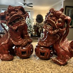 Large 14” Ceramic Foo Dog Guardian Lion Pair – Vintage Red Glaze