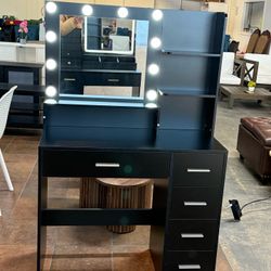 Makeup Vanity Desk with Mirror, 10 Lights, 5 Drawers, 3 Storage Shelves, 3 Color Modes & Adjustable Brightness Dressing Table, 35.4” Desk(Black)  💰16