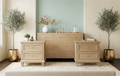 POTTERY BARN INSPIRED SOLID WOOD DRESSER & TWO MATCHING NIGHTSTAND/ REFINISHED
