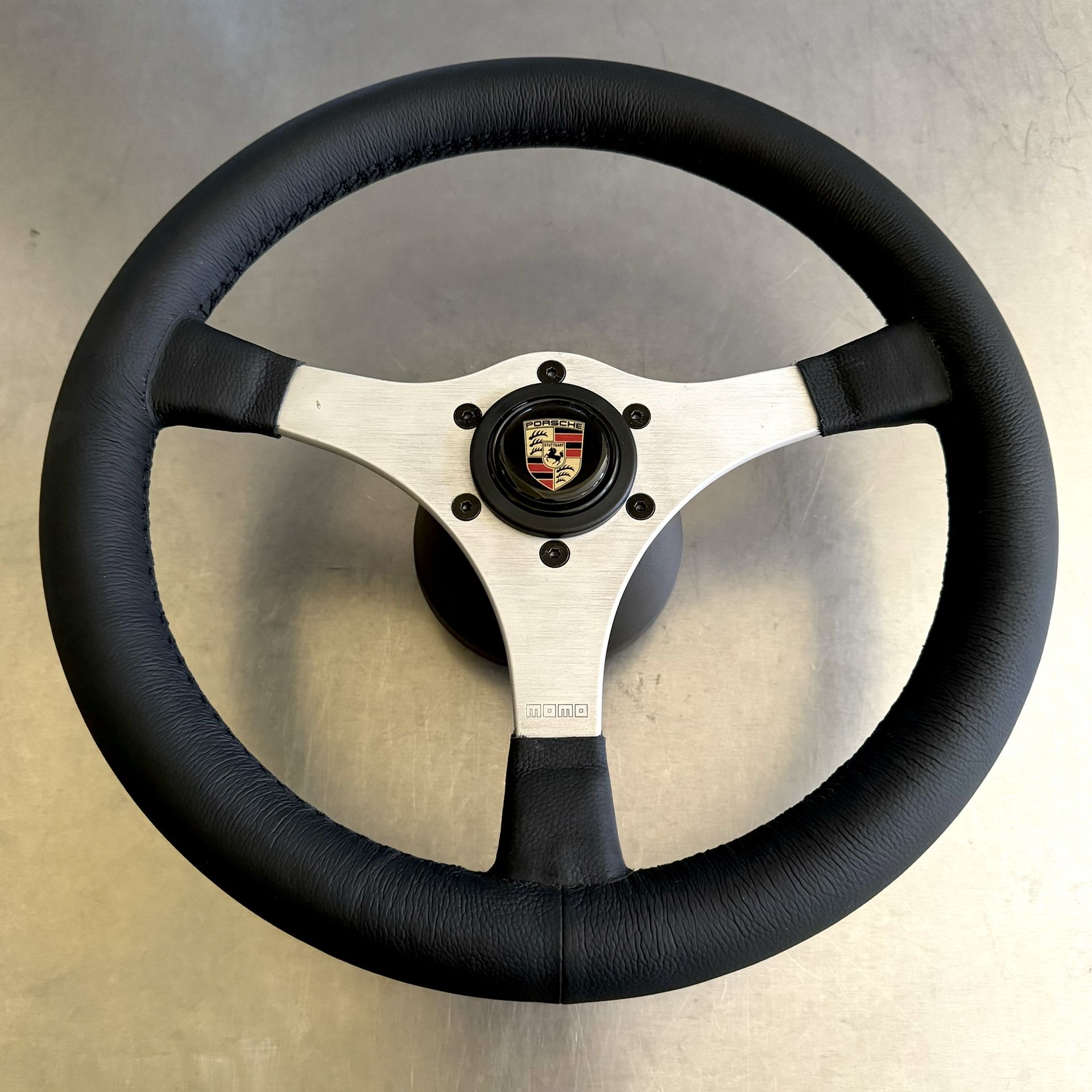 Vintage 1982 Momo Jackie Stewart Leather Steering Wheel w/ Porsche 911 & 912 Hub Adapter (Momo Nardi Sparco OMP Raid Targa Carrera 356 Stuttgart