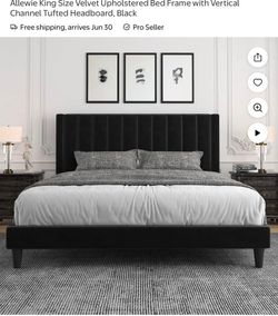 King Size Velvet Upholstered Bed Frame with Vertical Channel Tufted Headboard