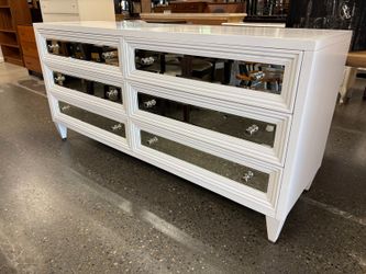 White Mirrored Front 6-Drawer Lowboy Dresser