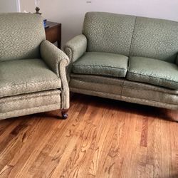 Vintage Chair + 2 Seater Sofa Green Fabric Wood Feet Simple Design Matching Set Living Room Furniture