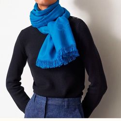 Auth New Hermes Scarf Muffler Stole Libris Bleu Grec Cashmere Silk Woman Shawl H Logo