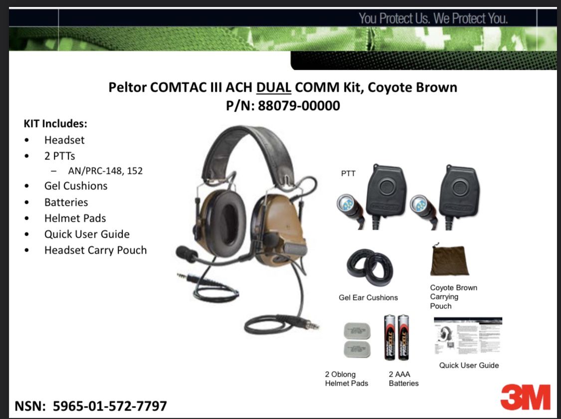 Peltor COMTAC III ACH DUAL COMM Kit, Coyote Brown.