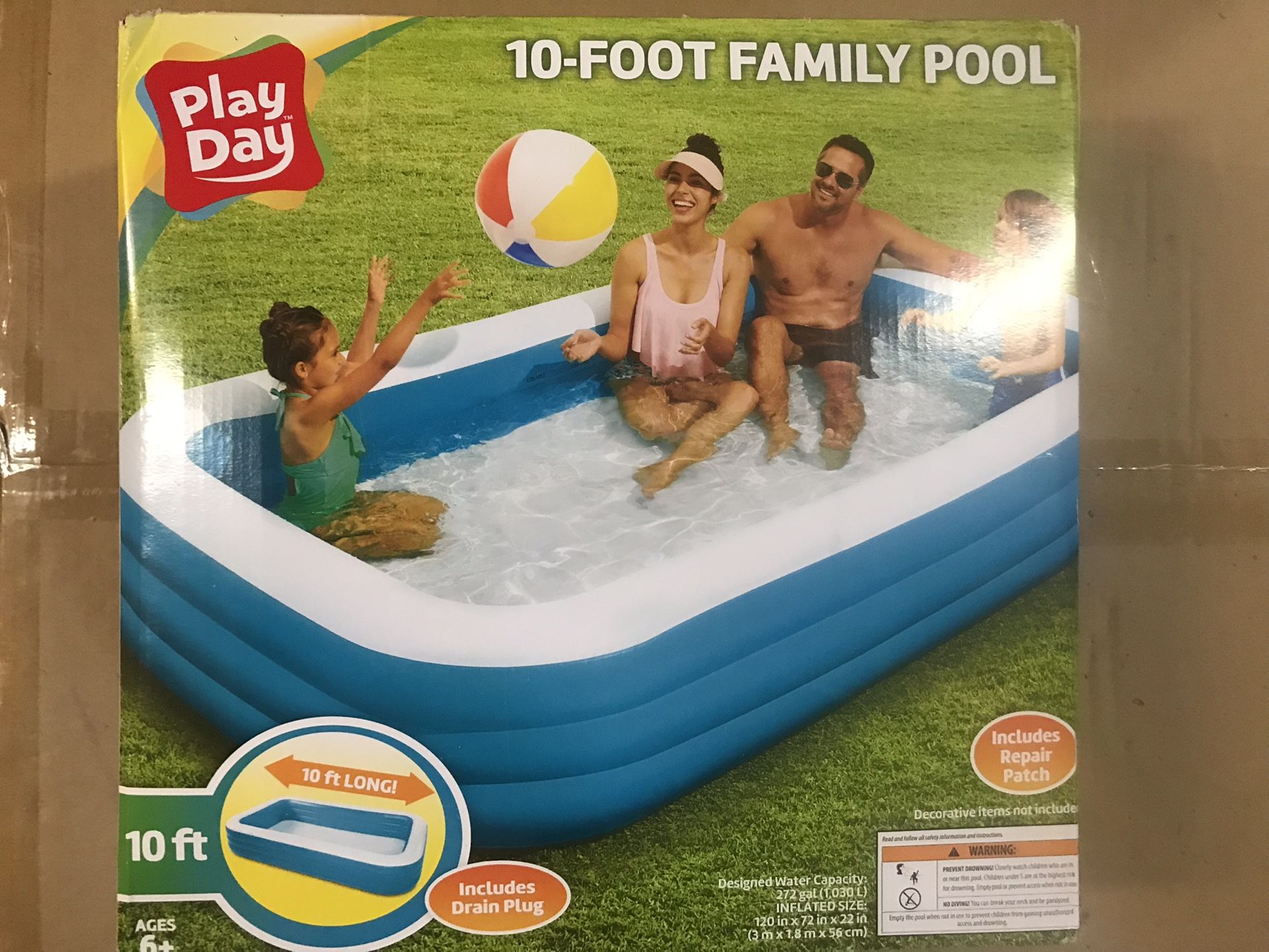 Play Day Inflatable 10 Foot Rectangular Family Pool