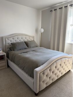 Costco Pulaski Queen Upholstered Tufted Bed | Beige Linen