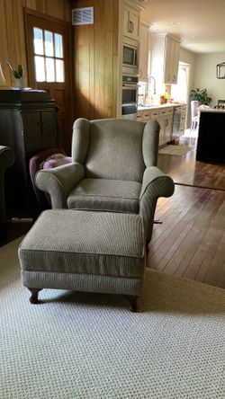 Wing back upholstered Chair & Ottoman