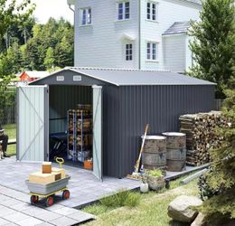 9×11 FT Outdoor Storage Shed: 3 Lockable Door Metal Utility Shed with Galvanized Steel Frame & 4 Ventilation System - Spacious Garden Tool Storage fo