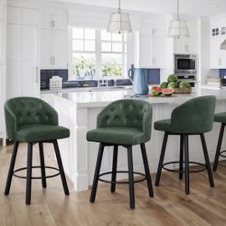 37 in. Green Faux Leather Upholstered Swivel Bar Stool with Metal Frame Nailhead Counter Height Barstool Set of 3