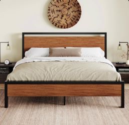 Walnut Metal Queen Bed Frame - Open Box/Light Damage - SEE PHOTOS