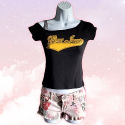 BNY Jeans Black Off-Shoulder Logo T-Shirt