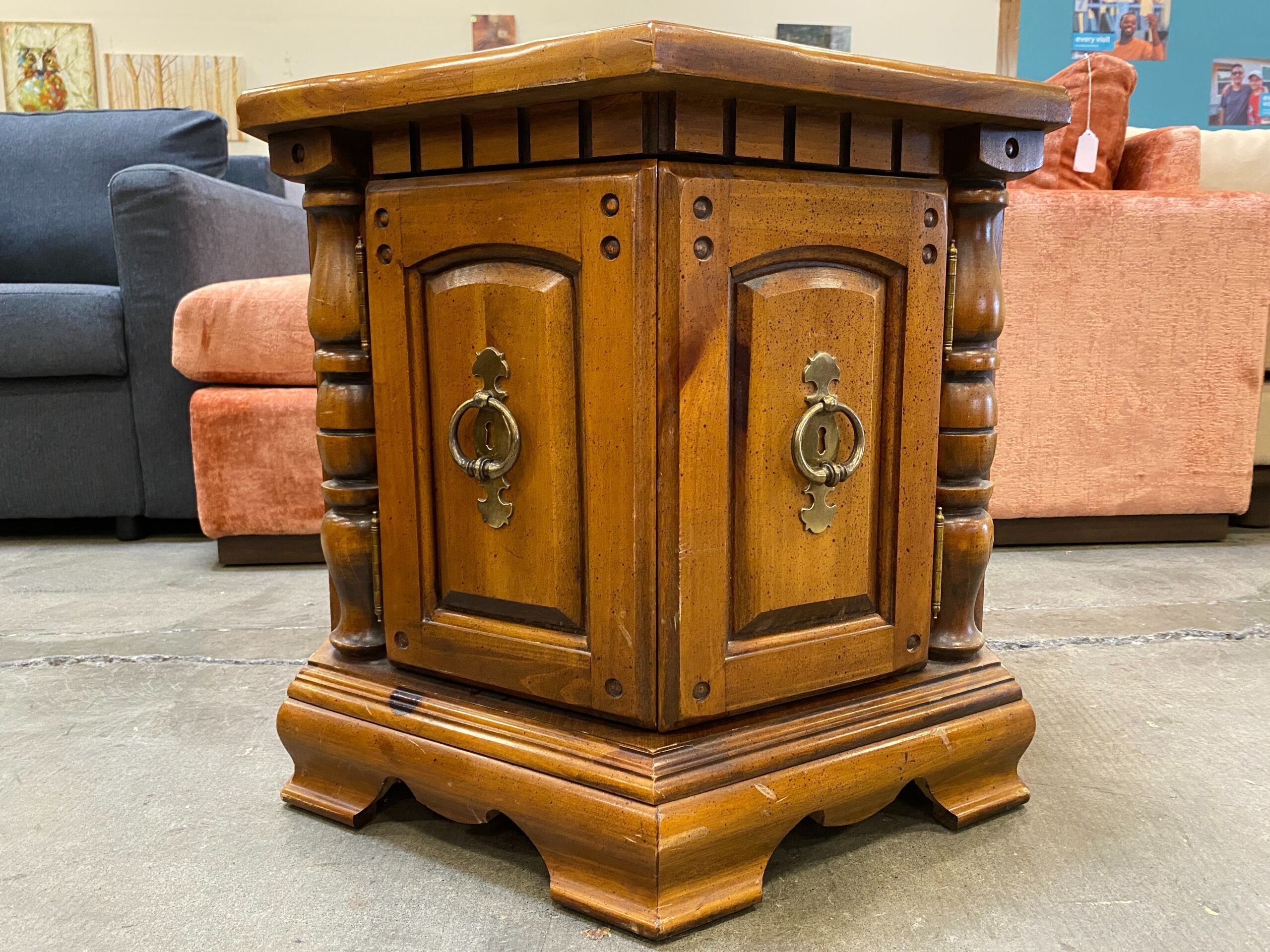Hexagonal 2 Door End Table Cabinet w/ Brass Knocker Handles