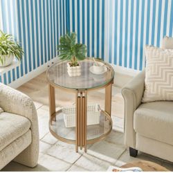 Round Side Table, 2 Tier Gold Glass End Table with Metal Frame, Aesthetic Coffee Table Modern, Small End Tables Living Room Bedroom Balcony