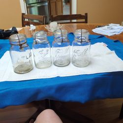 4 Vintage Atlas & Ball Ideal Quart Canning Jars With Glass Lids & Bails