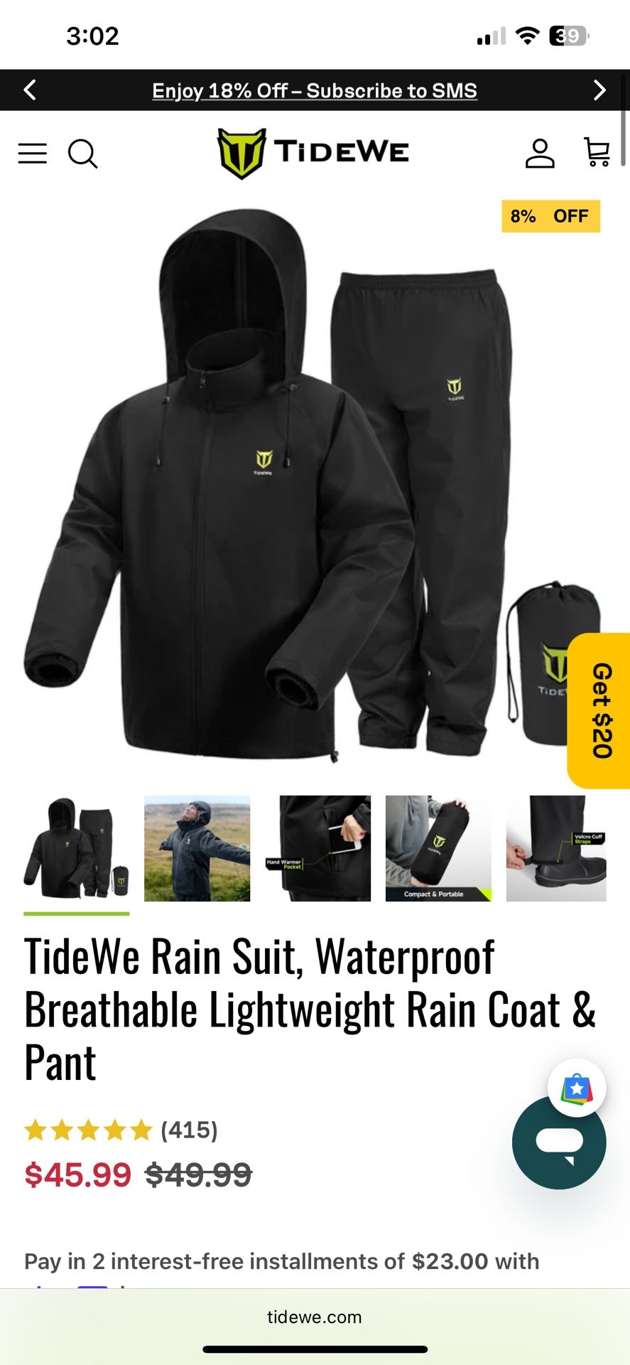 Tidewe Brand New Never Opened Rain Suit
