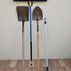 Preowned set of four yard tools shovels push broom extension pole 
