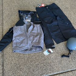 Brand new turbine, large jacket, north face powder, pants, and Smith helmet