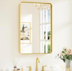 Gold Bathroom Mirrors for Wall 20 x 30 Inch Rounded Rectangle Gold Vanity Mirror, Brushed Brass Mirror with Metal Frame, HD Tempered Glass, Decorative