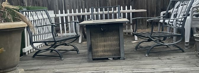 Propane Fire Pit / 3 Metal Rocking Chairs