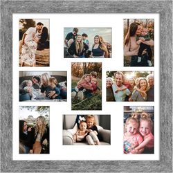 17 x 17 inch picture frame, 9 openings of 4 x 6 inch, photo frame with passe-partout, plexiglass, wall mount decoration, gray wood grain Wide-profile