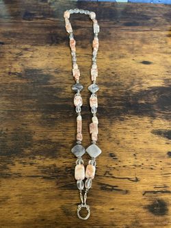 Handmade Grey and Peach Plated Silver Lanyard 32"